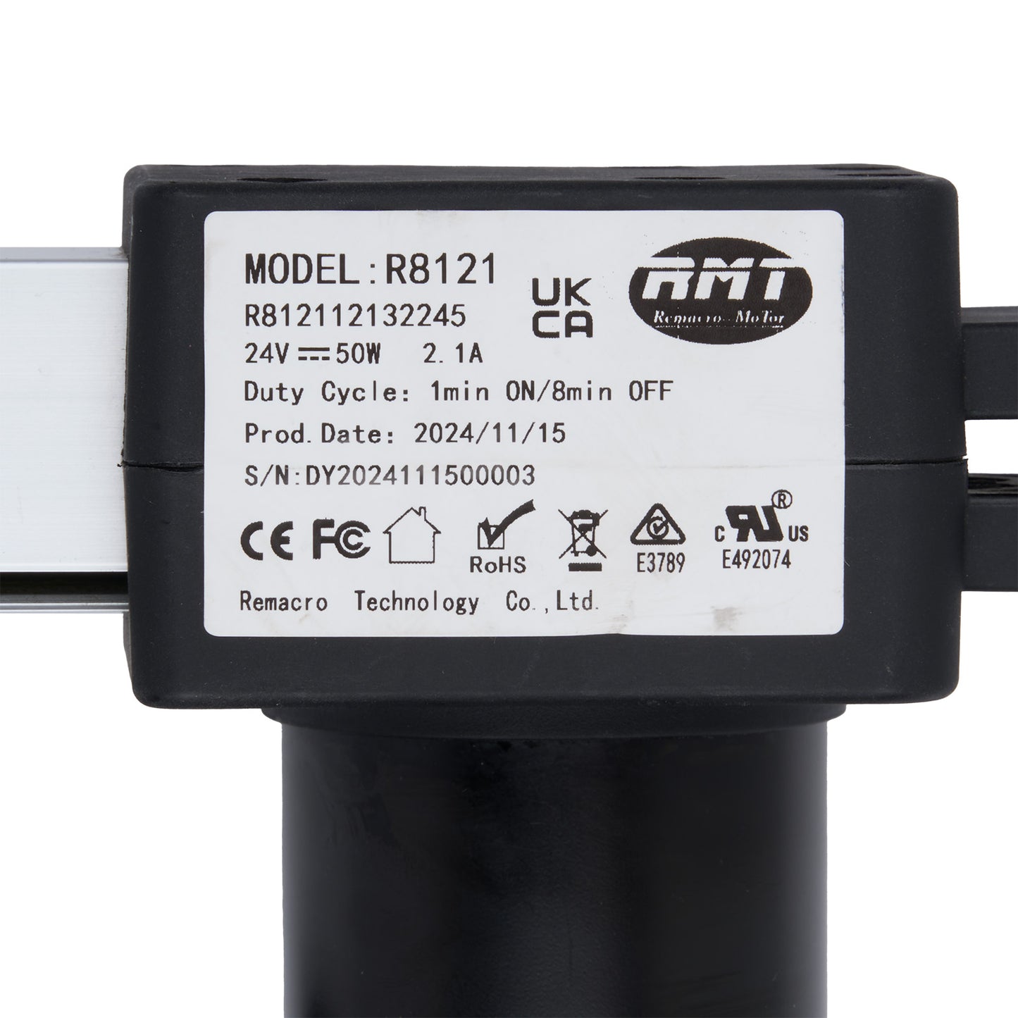 Black electronic component with label displaying model number, certification logos, and Remacro Technology Co., Ltd.