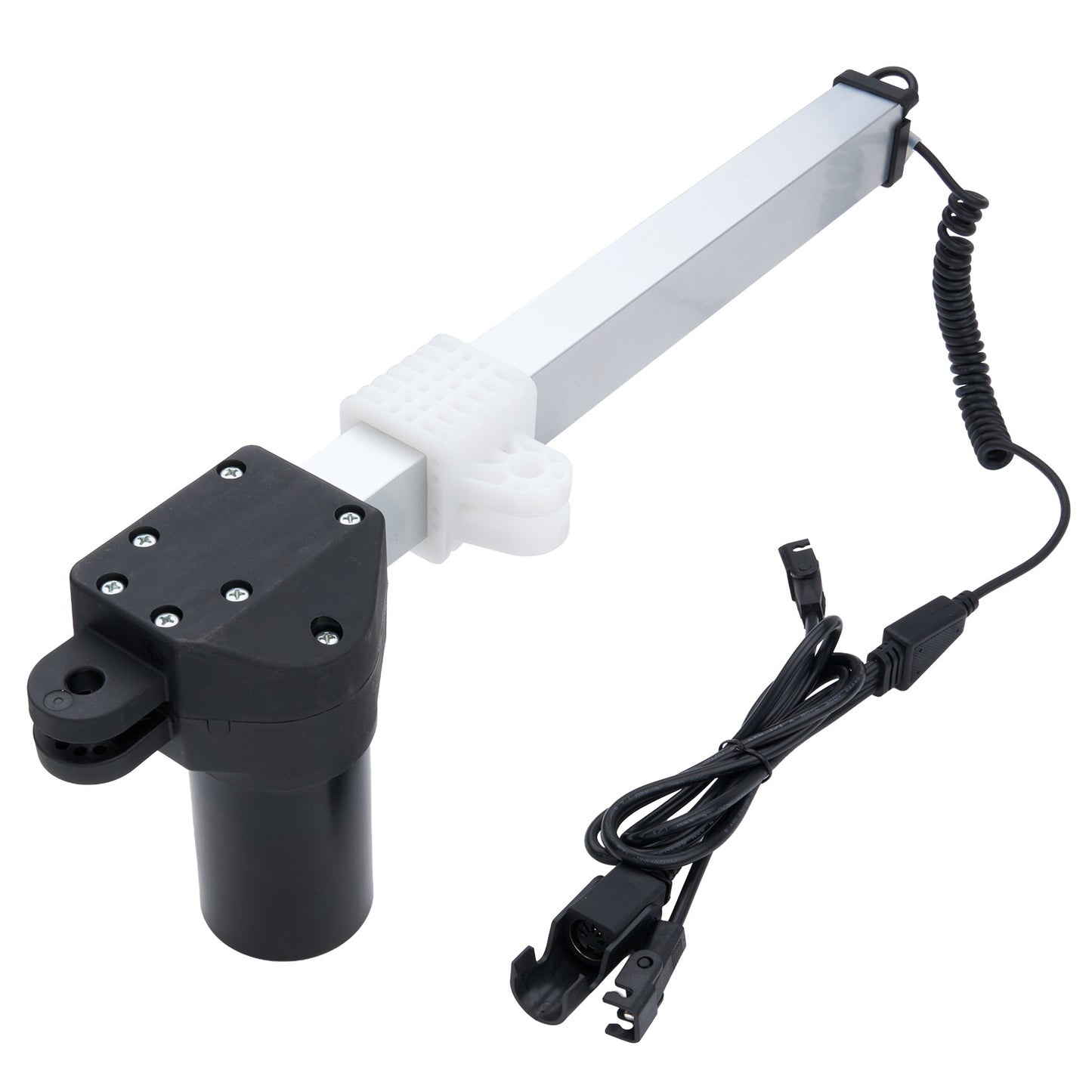 Motorized actuator with arm and cable on a white background