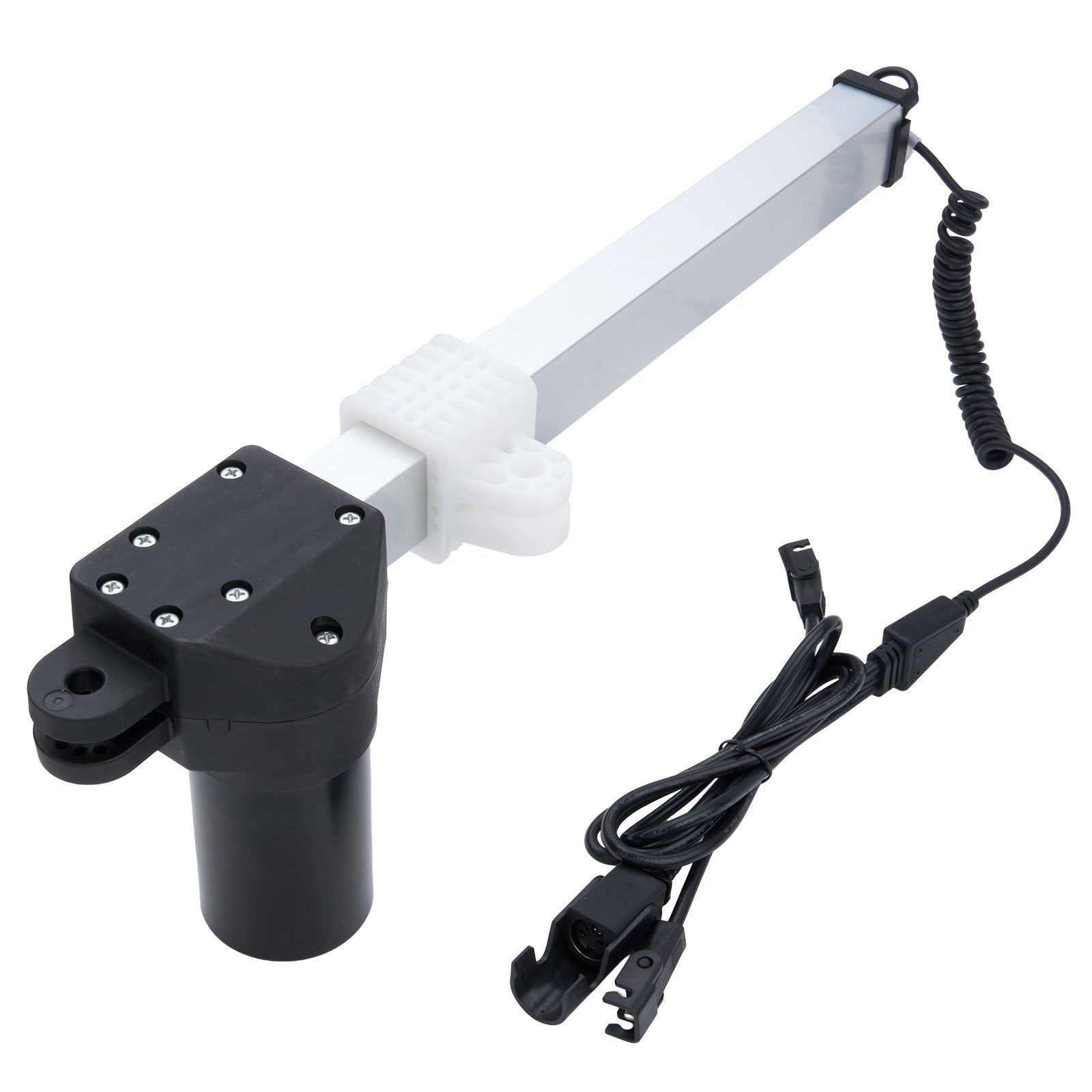 Motorized actuator with arm and cable on a white background