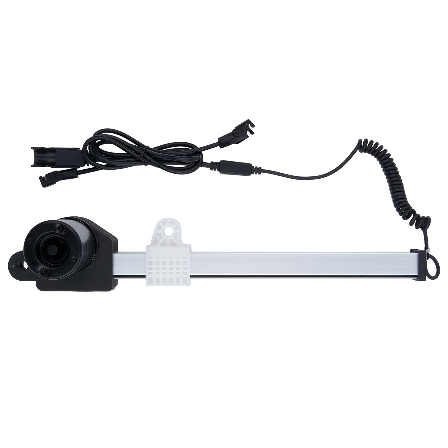 Electronic component with black housing and coiled cable on a white background