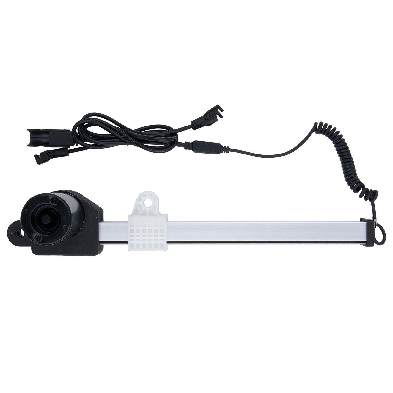 Electronic component with black housing and coiled cable on a white background
