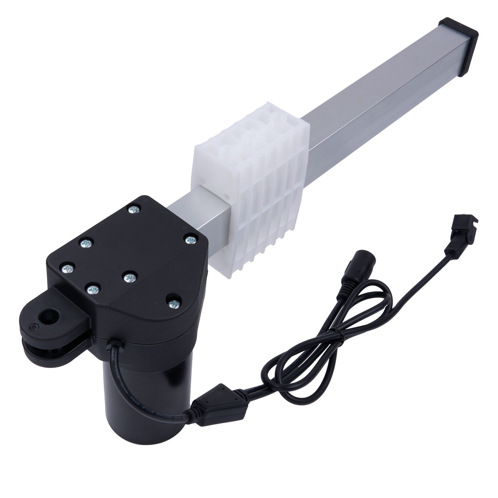 Black actuator with a white rod on a white background