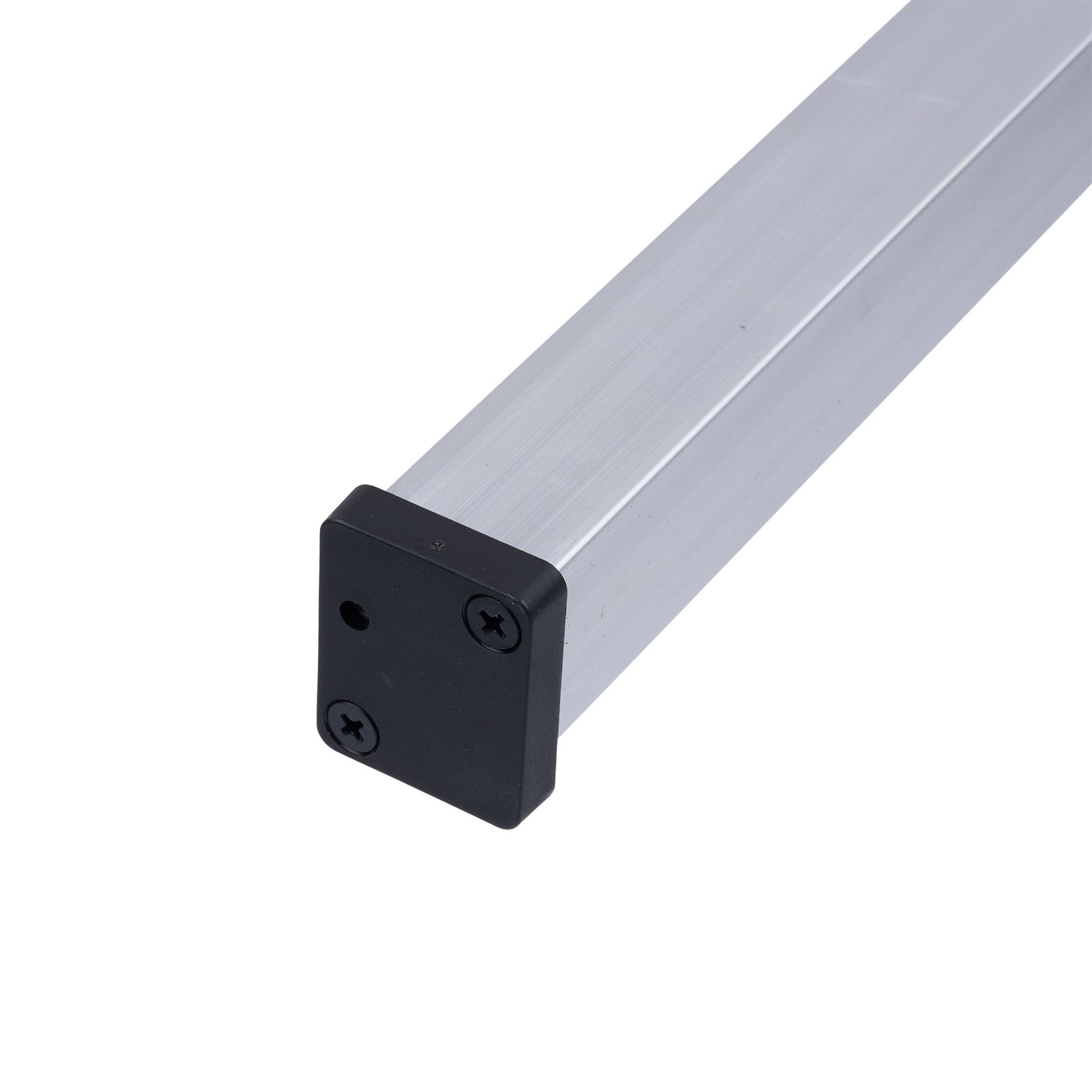 Metal rod with black square fitting on a white background