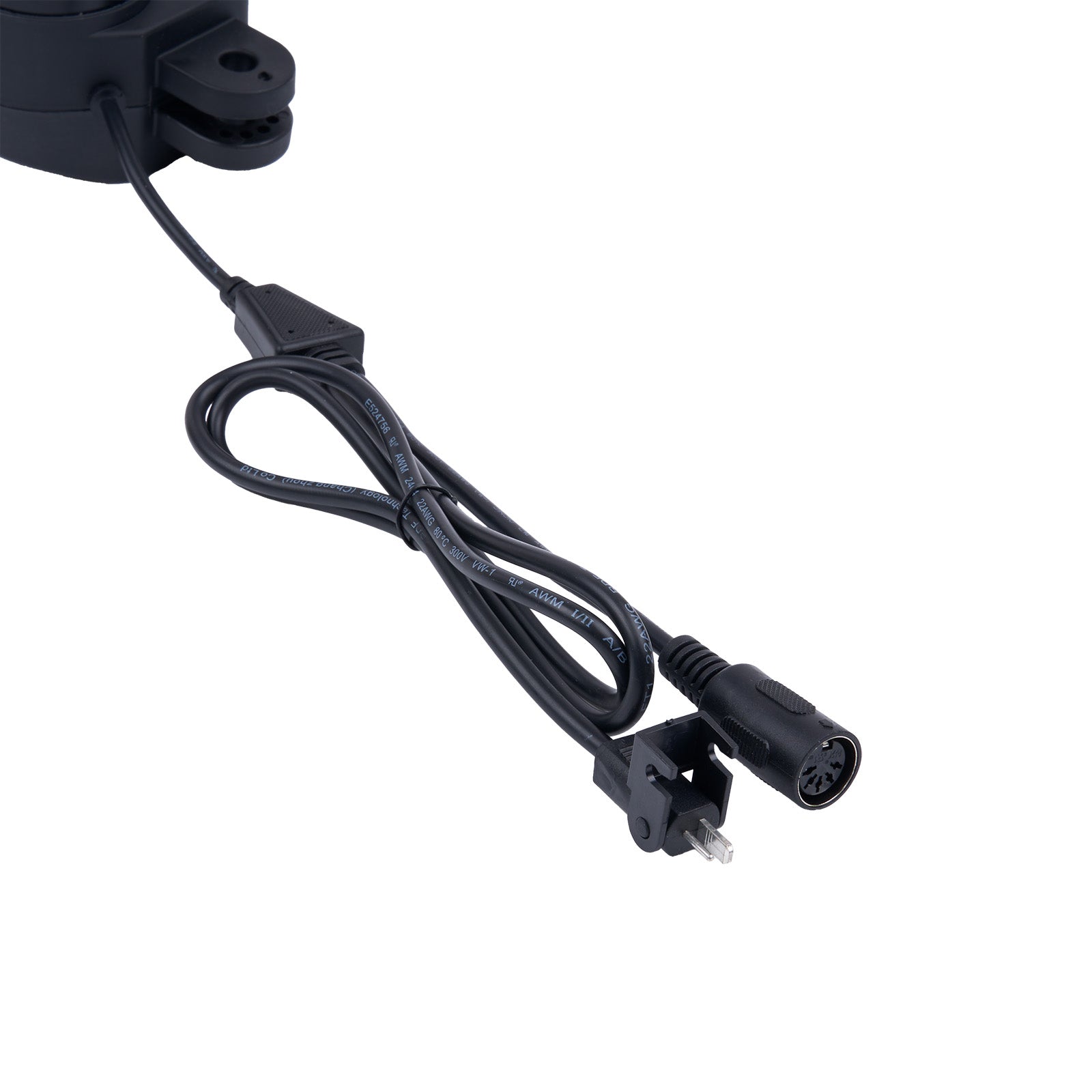 Black power cable with connectors on a white background