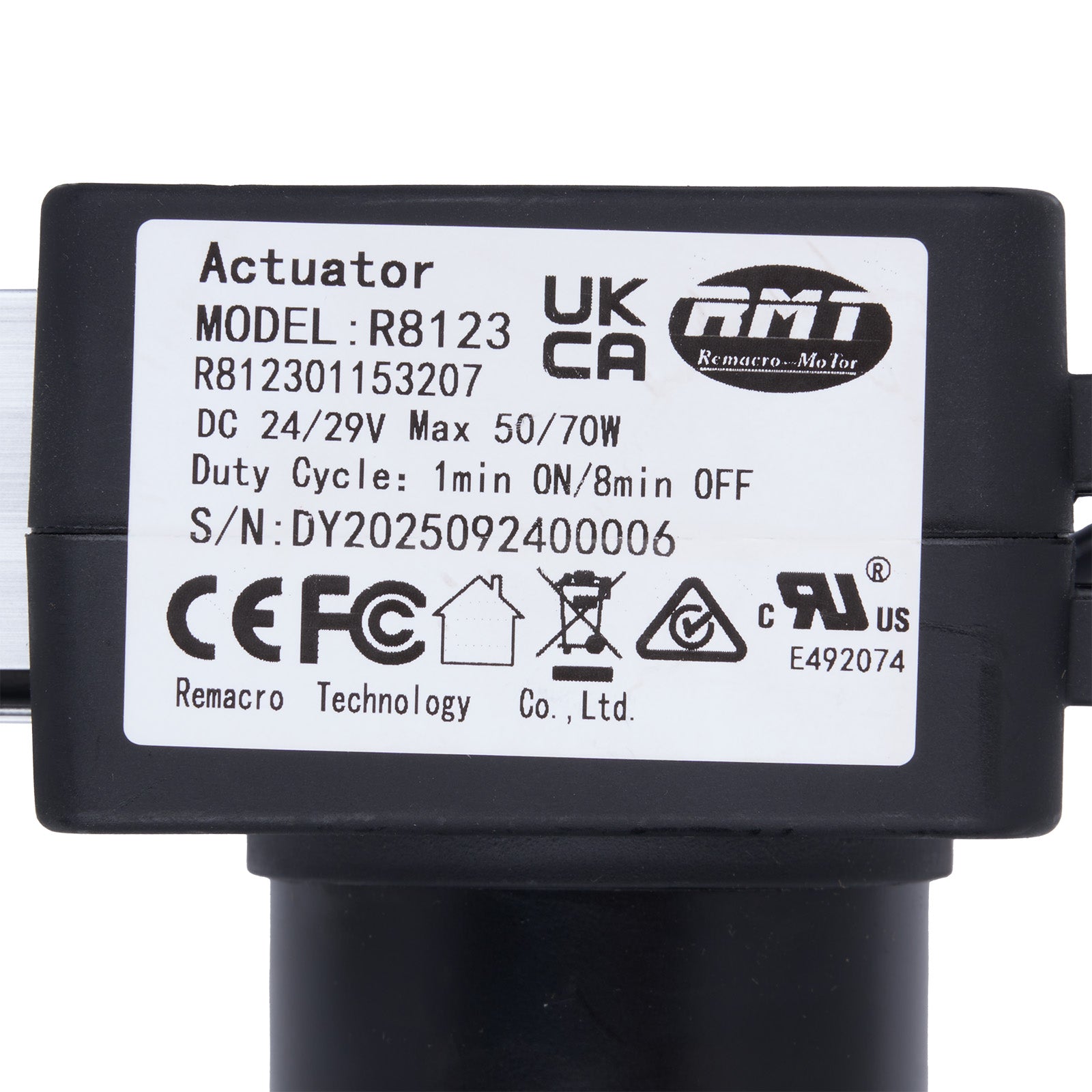 Black actuator with label displaying model number, certification logos, and technical specifications on a white background.