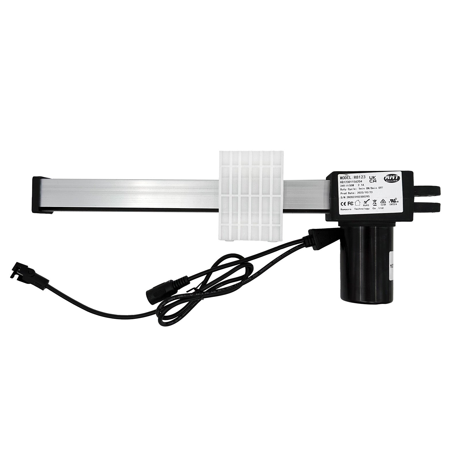 A RMT linear actuator for recliner or lift chair, showing a metal housing, black electrical components, and attached cables.