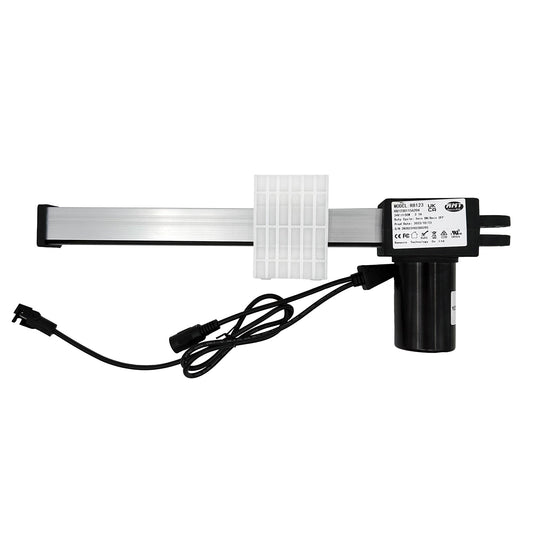 A RMT linear actuator for recliner or lift chair, showing a metal housing, black electrical components, and attached cables.