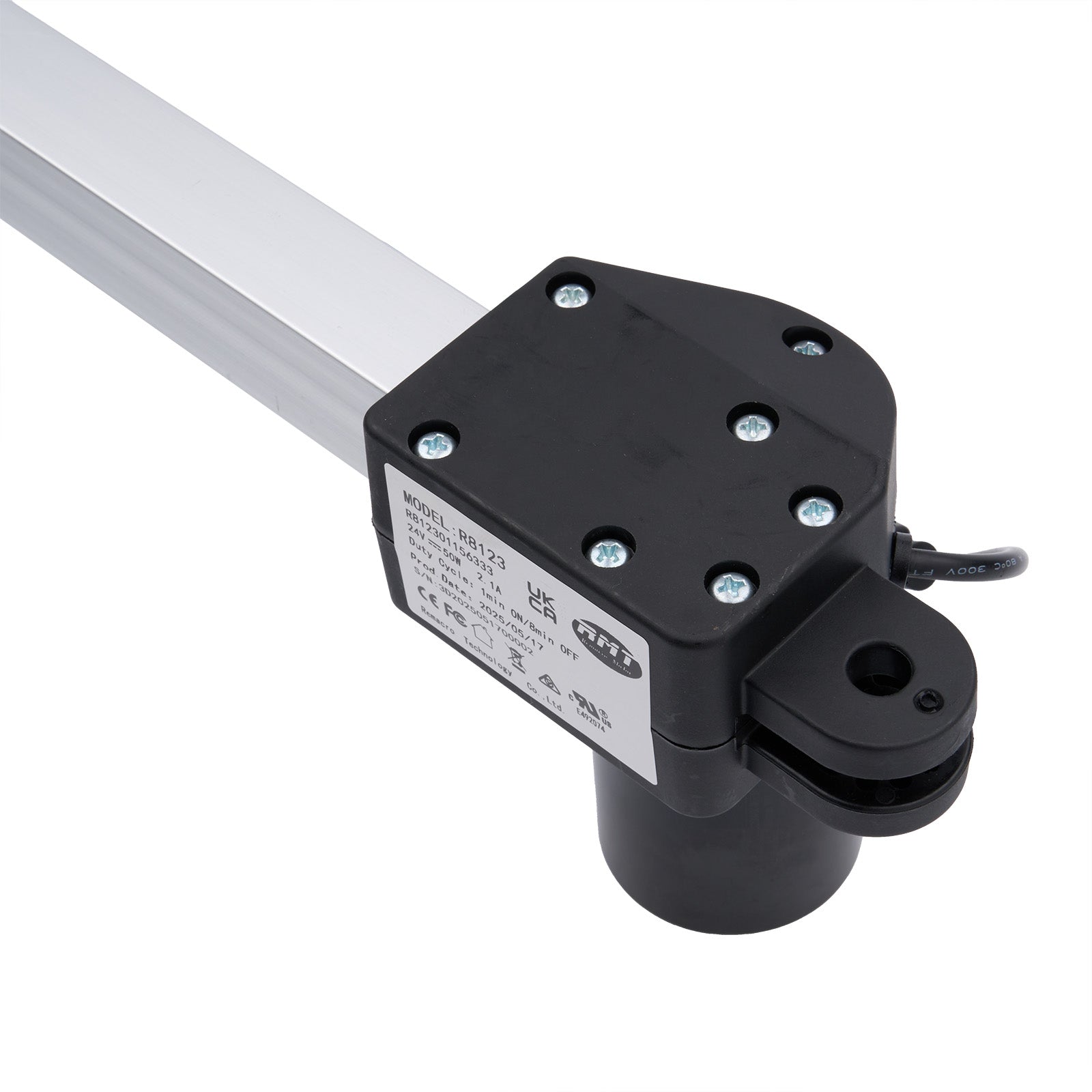 Black mechanical component with visible branding on a white background
