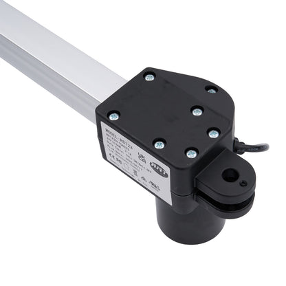 Black mechanical component with visible branding on a white background