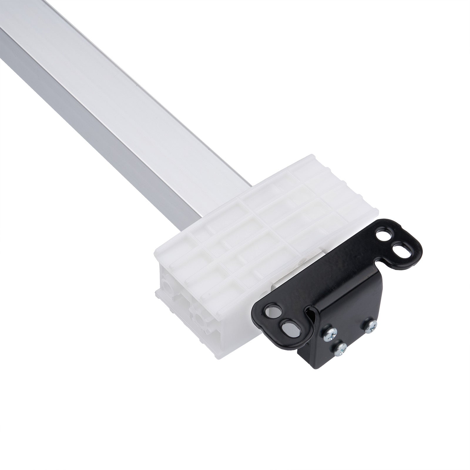 Light fixture with white housing and black connector on a white background