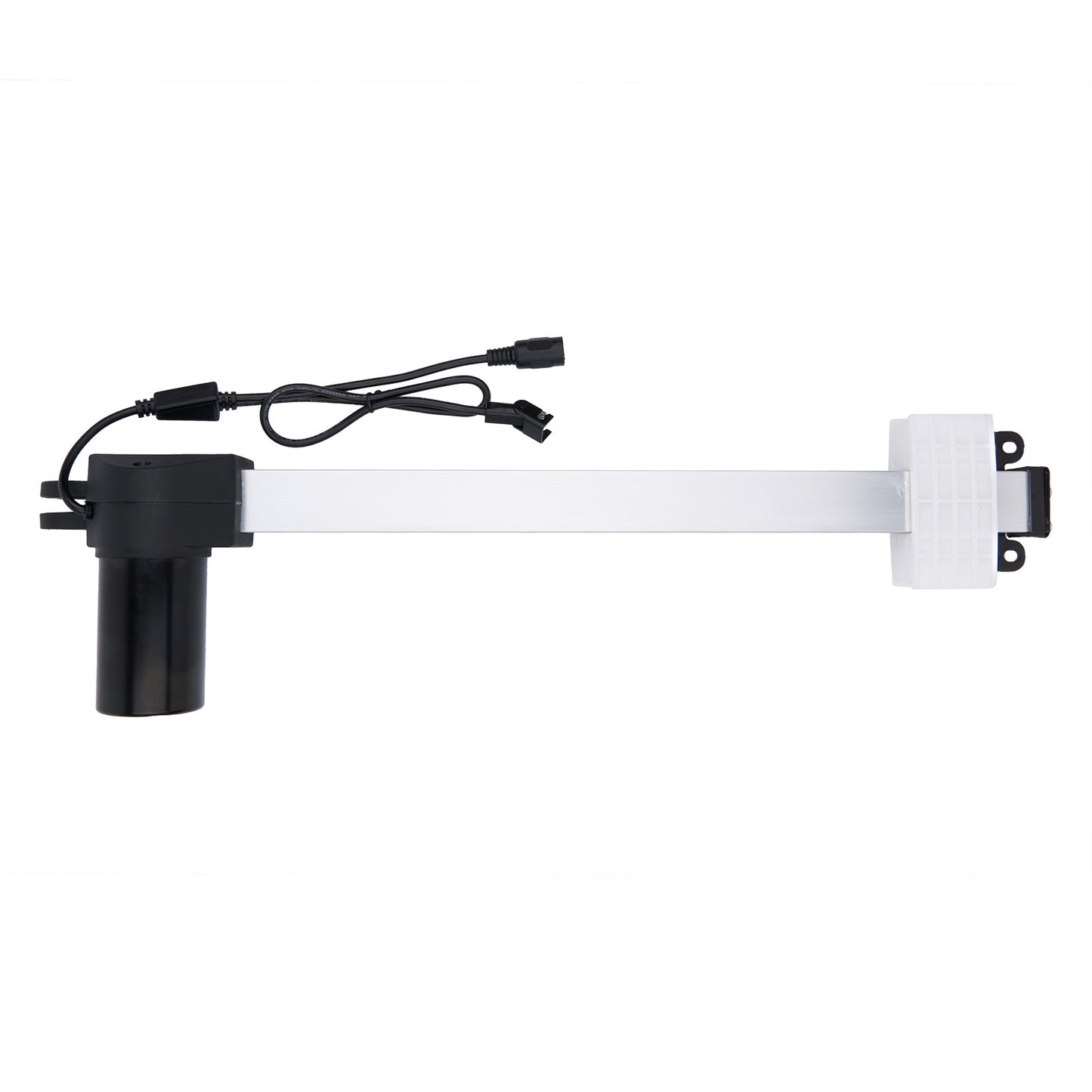White electronic component with black connectors on a white background