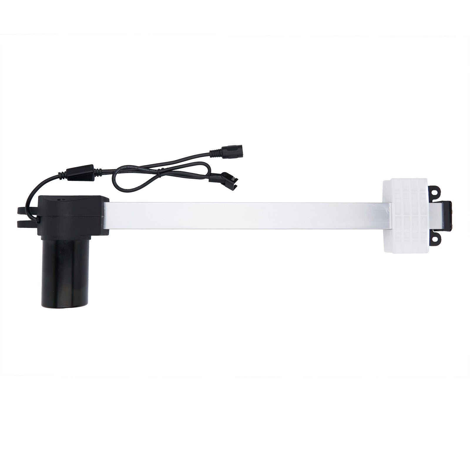 White electronic component with black connectors on a white background