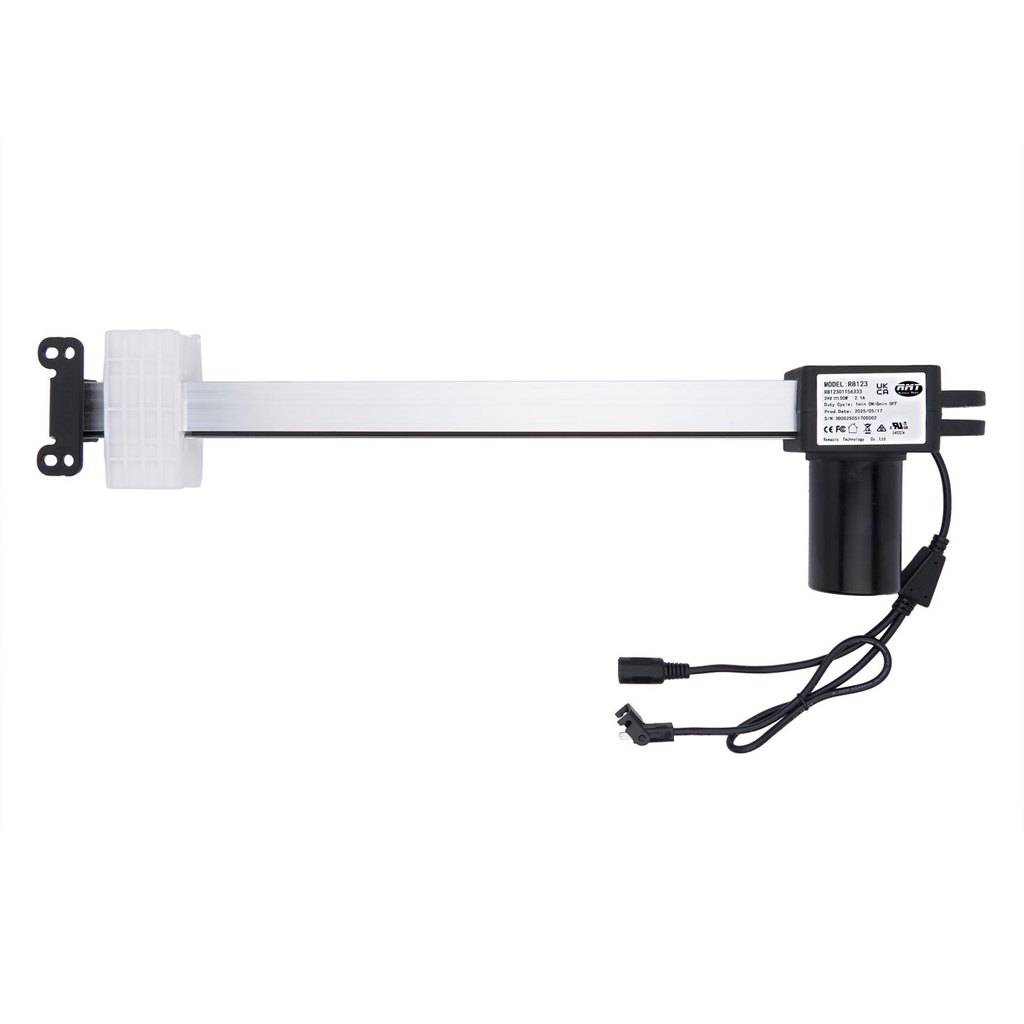 Electronic component with a white bar and black connectors on a white background