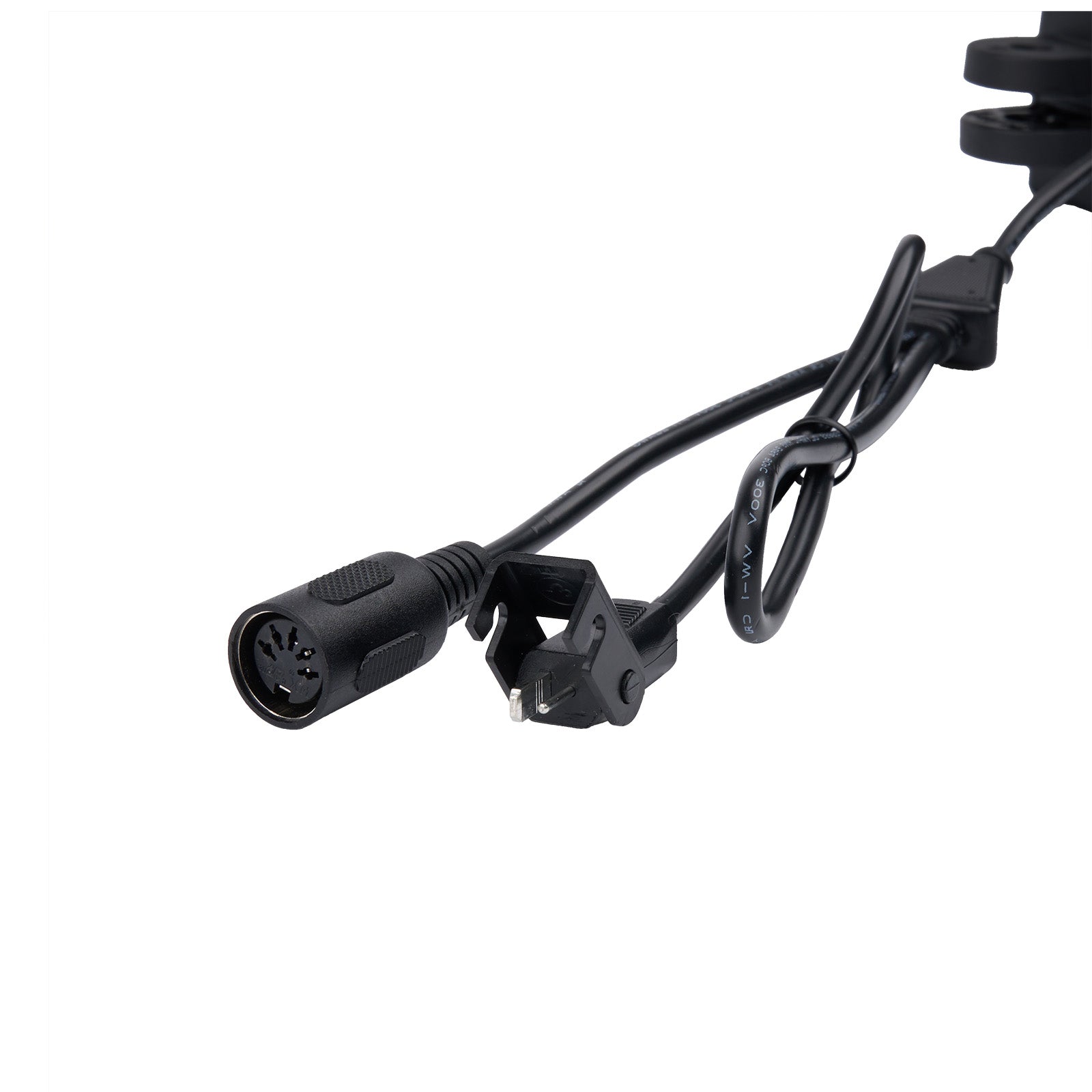 Black power cable with connectors on a white background