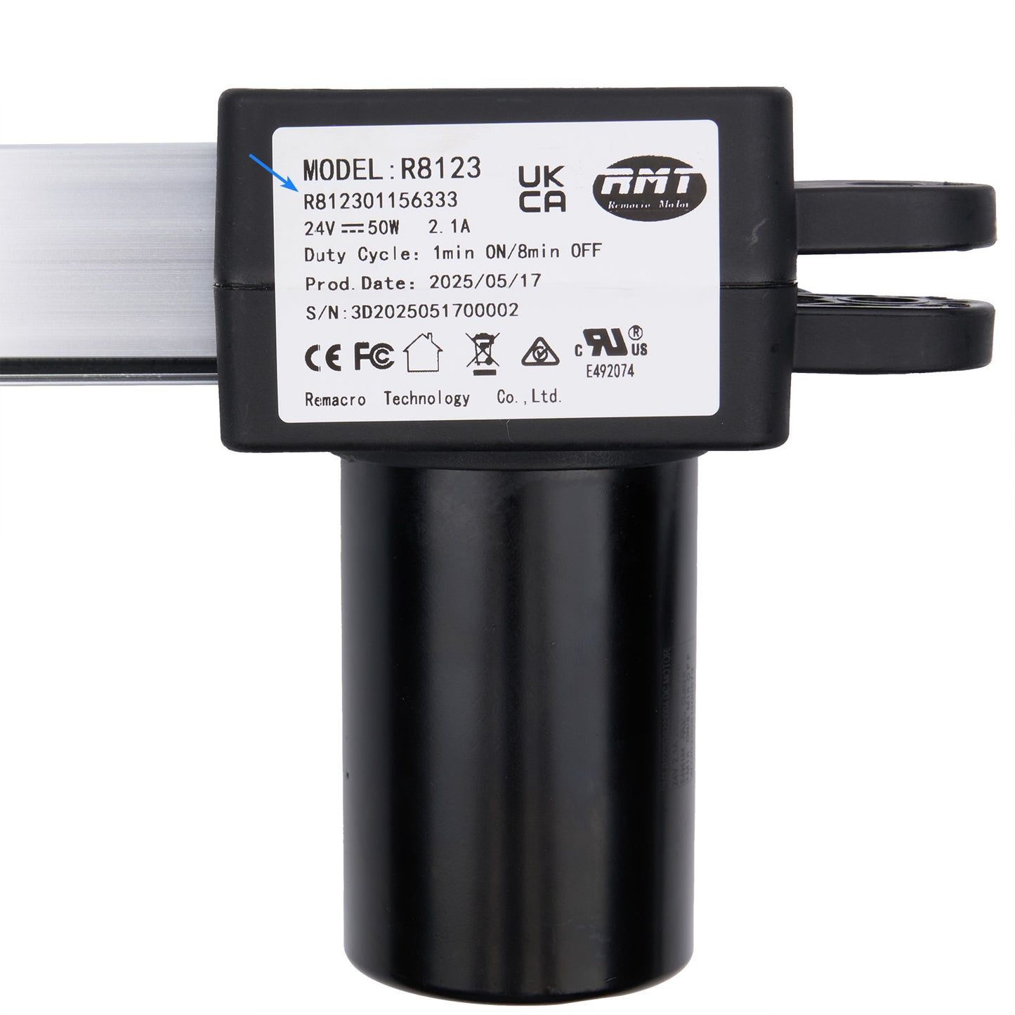 Black electronic component with label on a white background