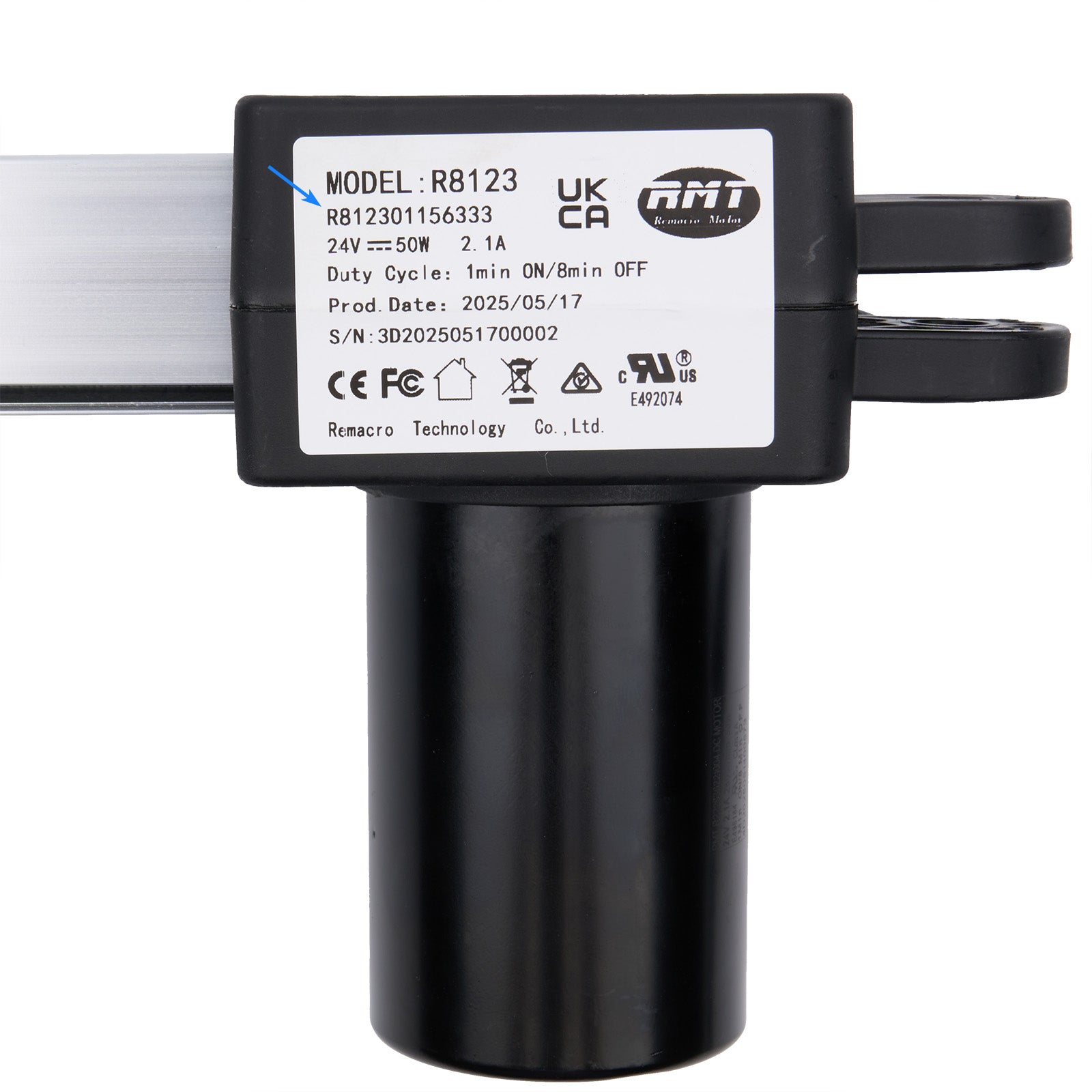 Black electronic component with label on a white background