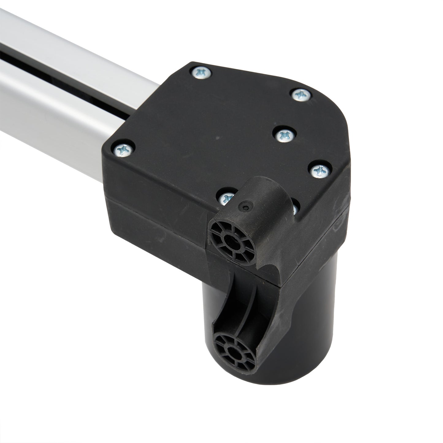 Black cylindrical component with metallic rod on white background