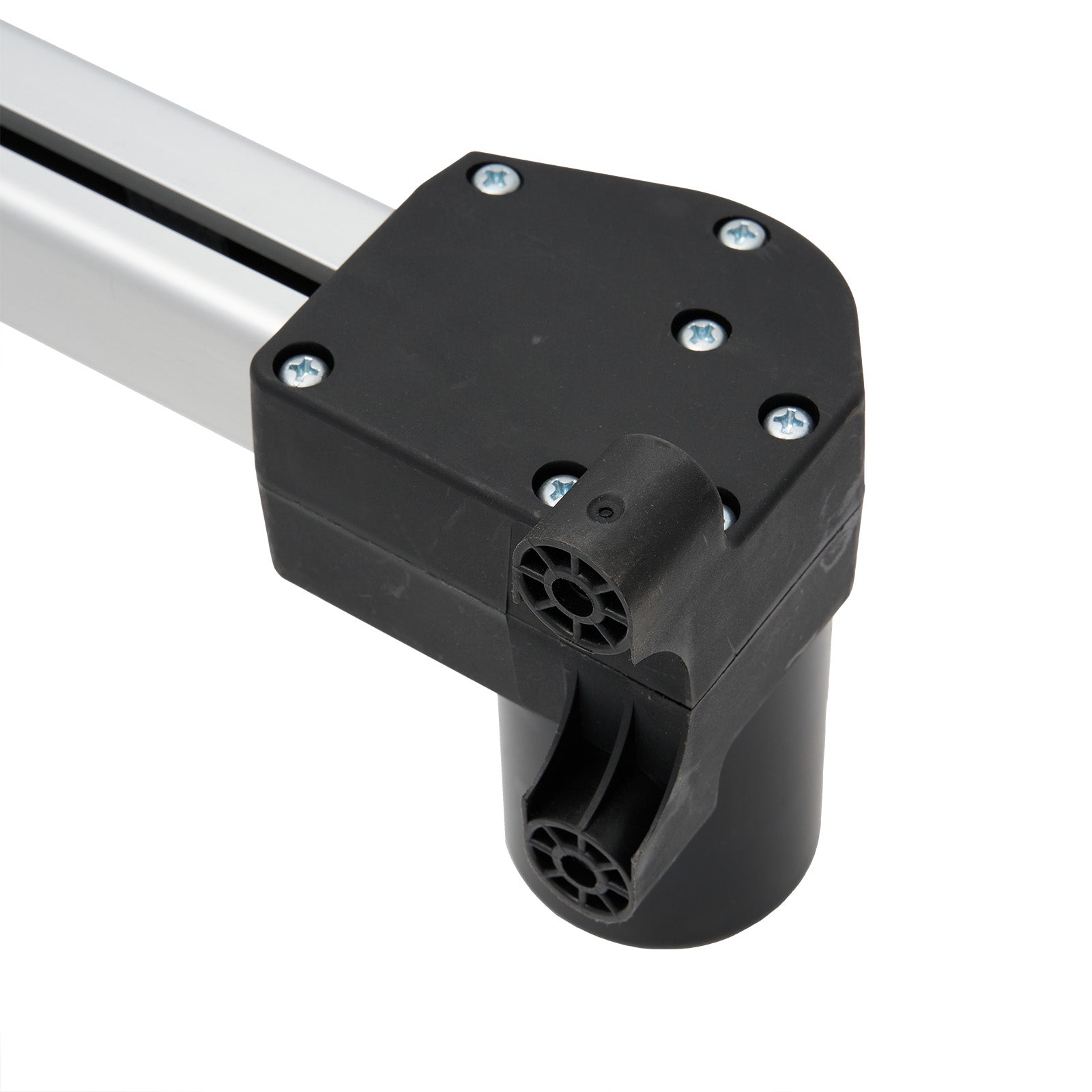 Black cylindrical component with metallic rod on white background