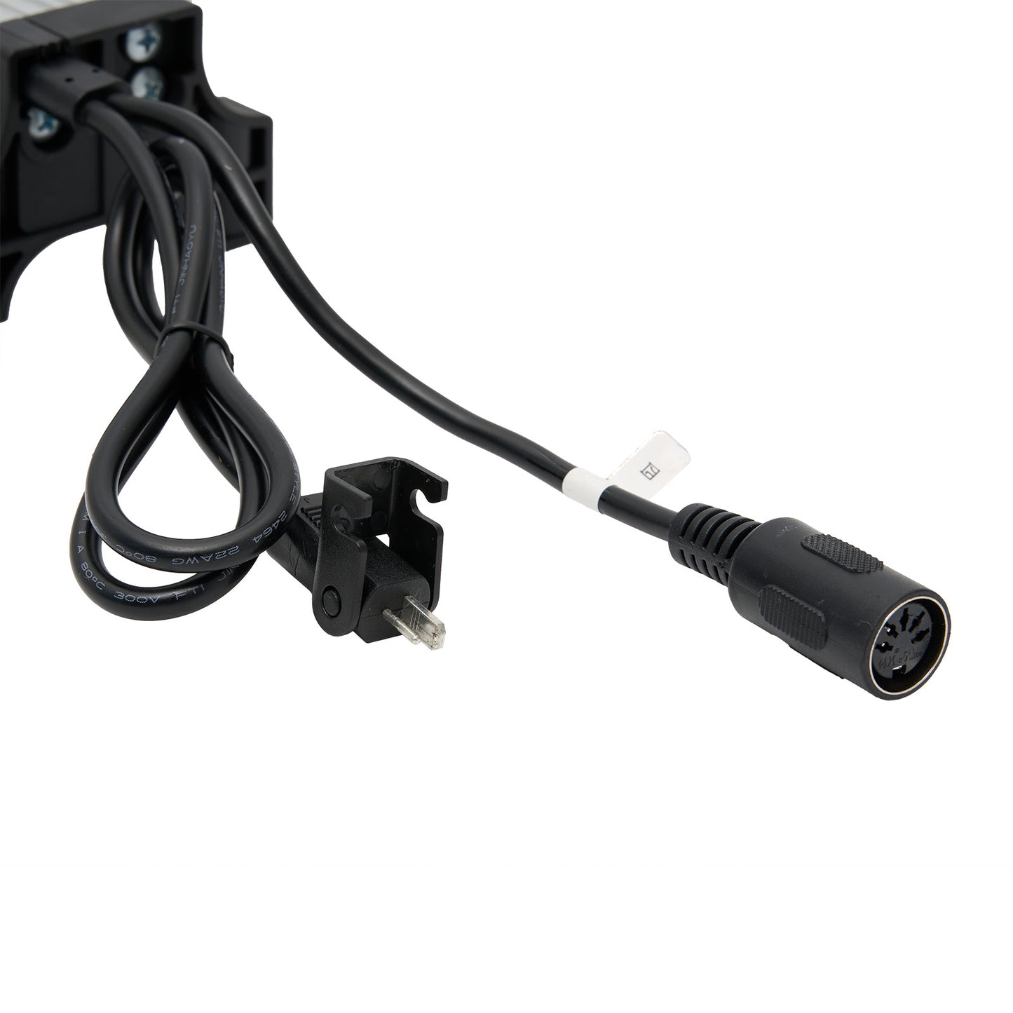 Black power cable with plug and connector on white background
