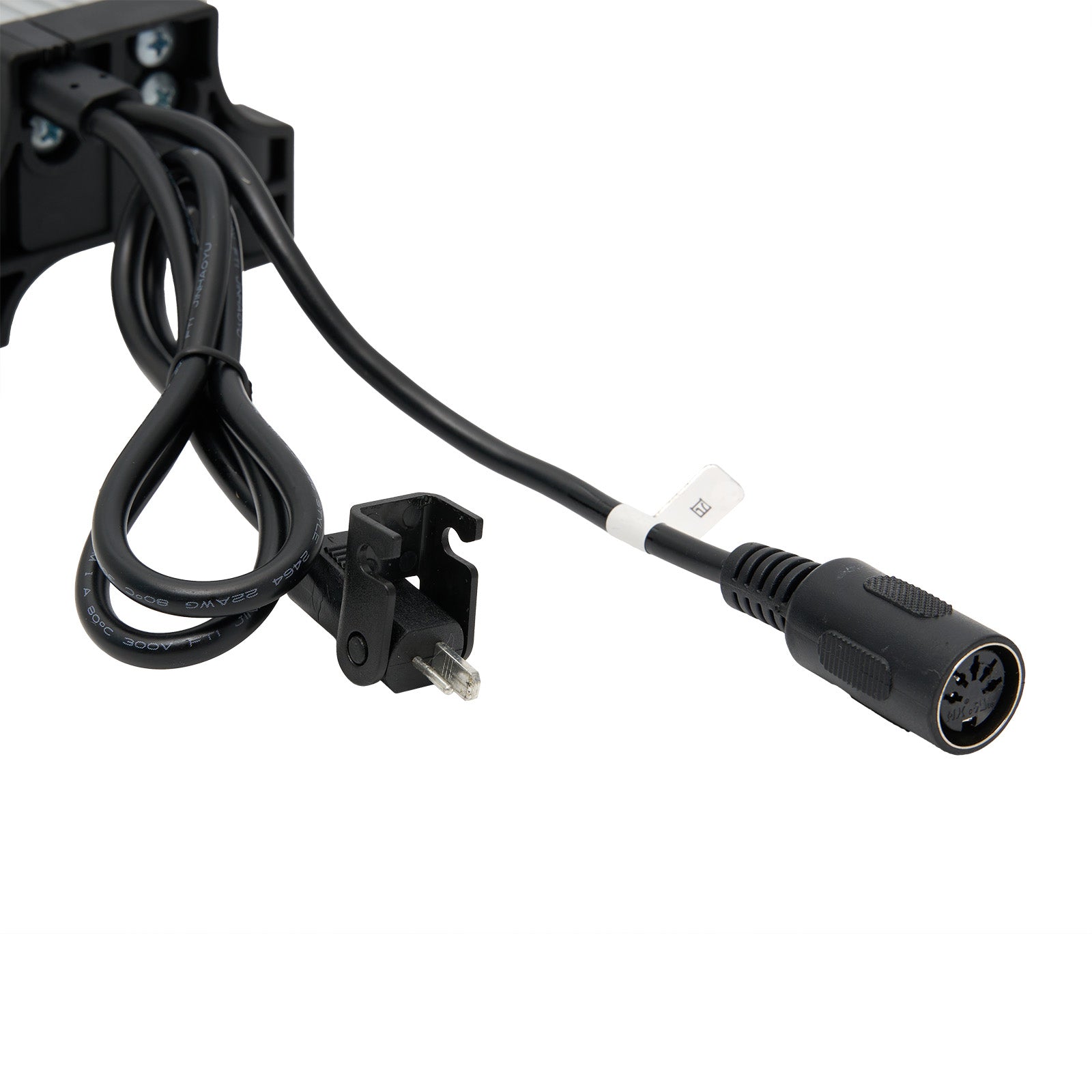 Black power cable with plug and connector on white background