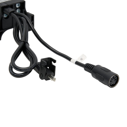 Black power cable with plug and connector on white background