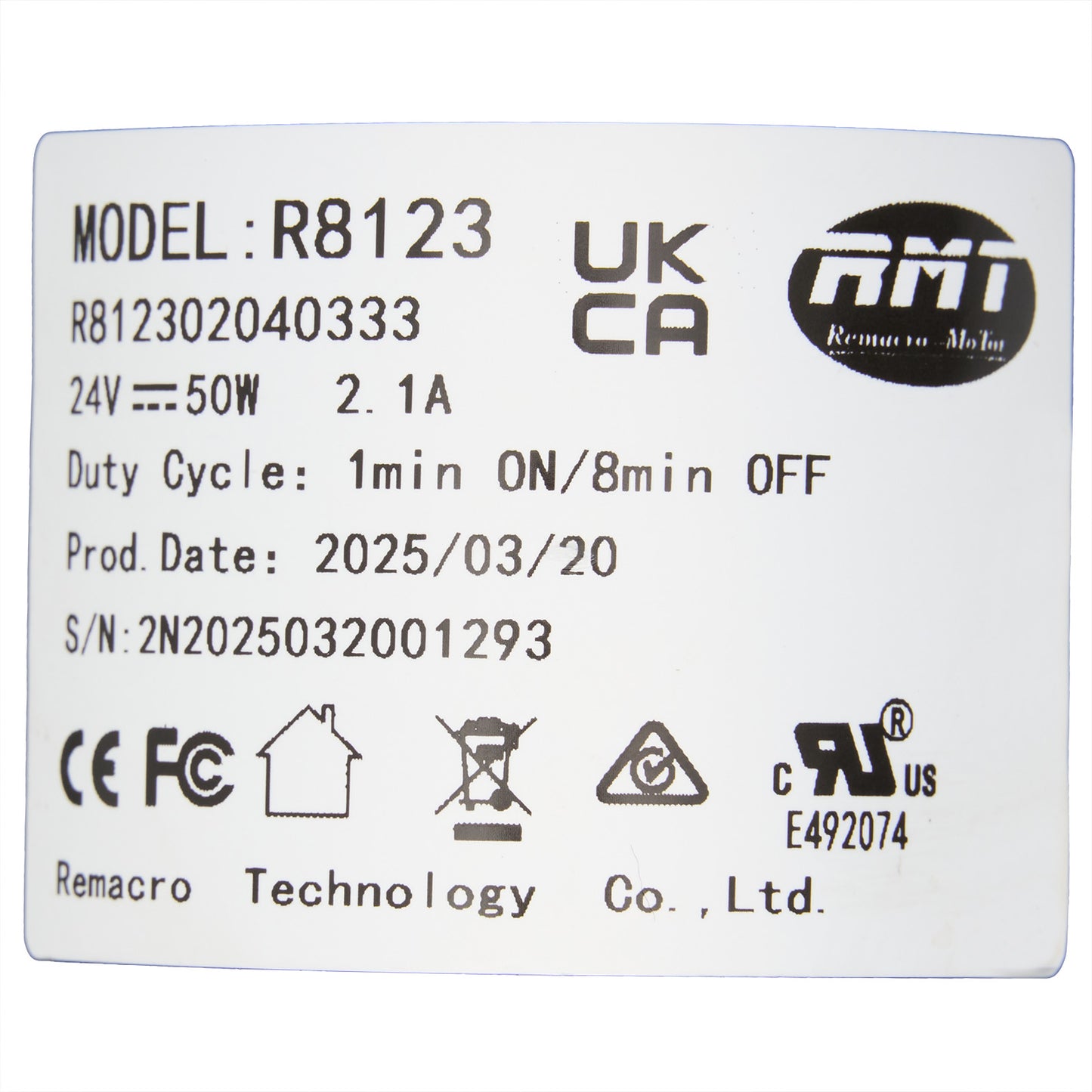 Product label with specifications and logos on a white background