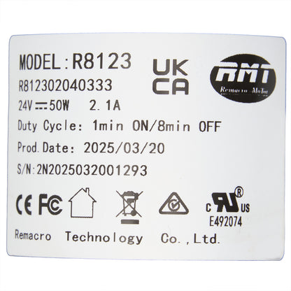 Product label with specifications and logos on a white background