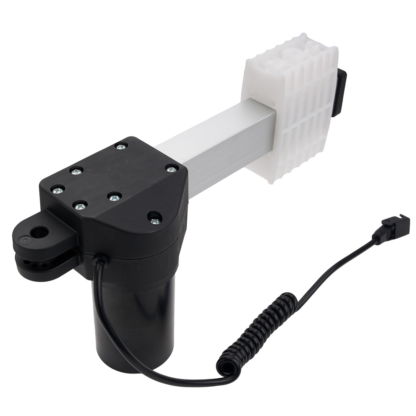 Black actuator with white rod and coiled cable on a white background