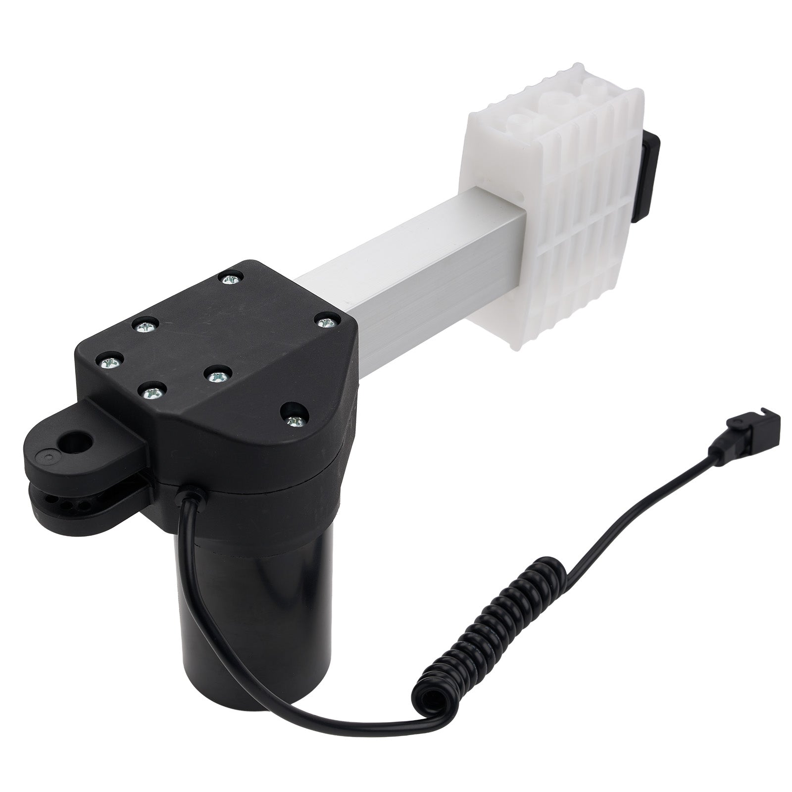 Black actuator with white rod and coiled cable on a white background