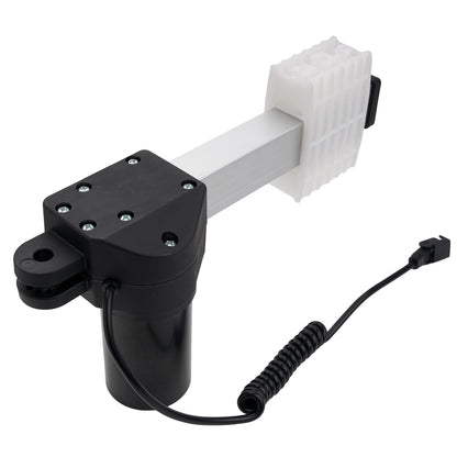 Black actuator with white rod and coiled cable on a white background