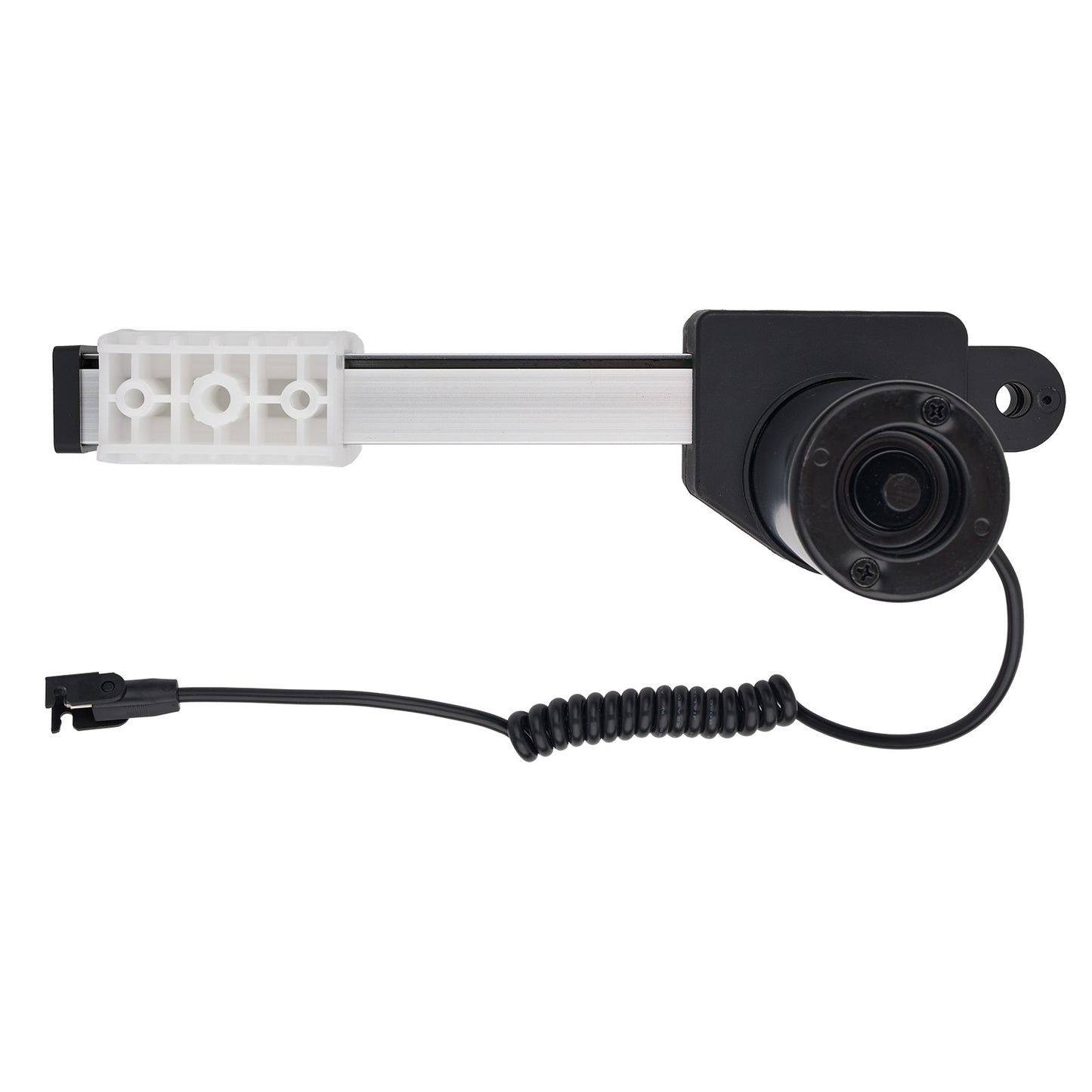 Camera module with white bracket and black cable on a white background