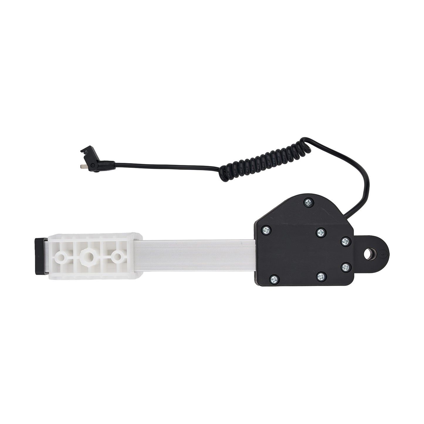 Mechanical component with a white base and black housing on a white background