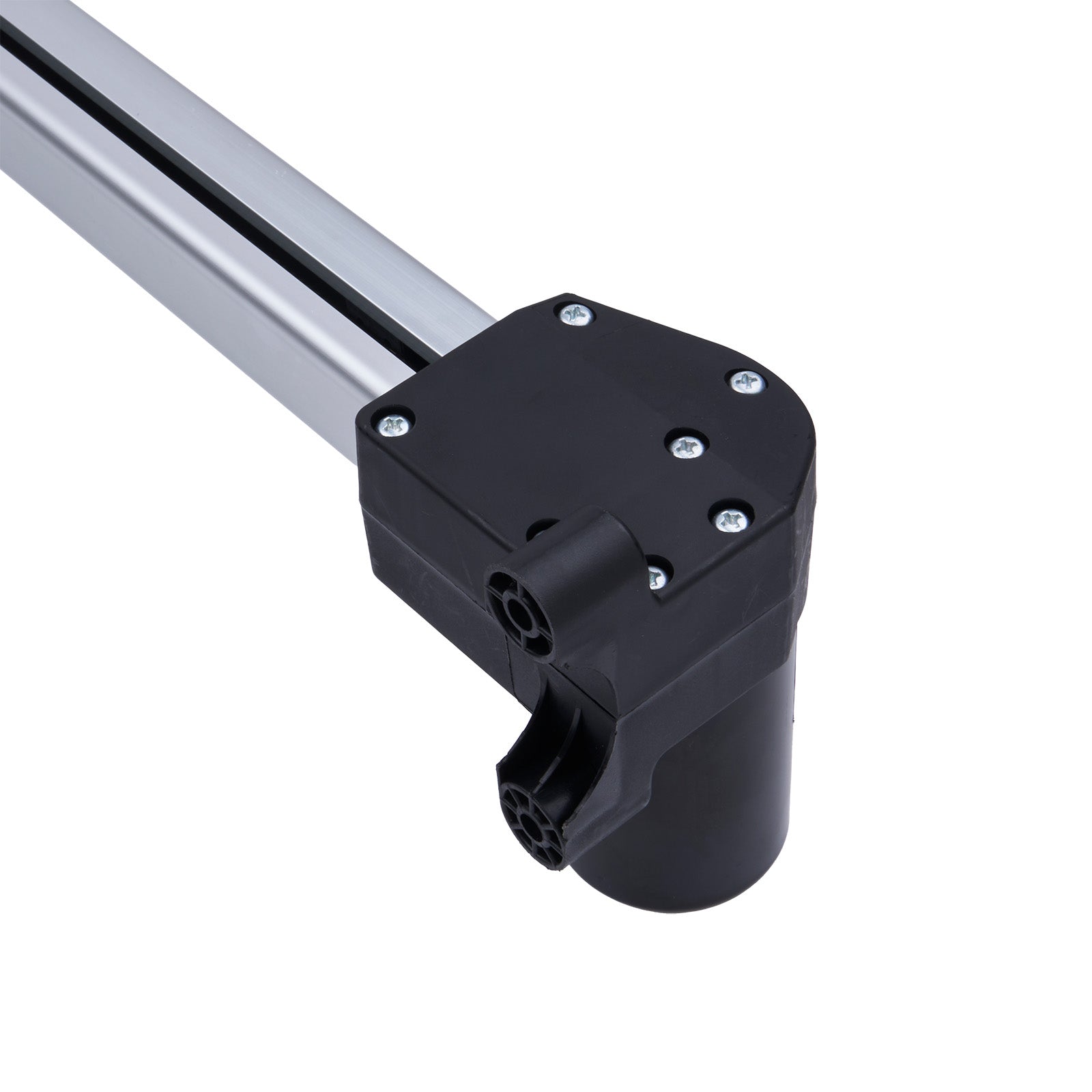 Black metal bracket with cylindrical component on a white background