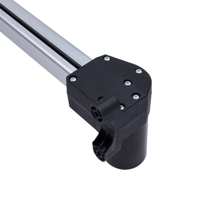 Black metal bracket with cylindrical component on a white background