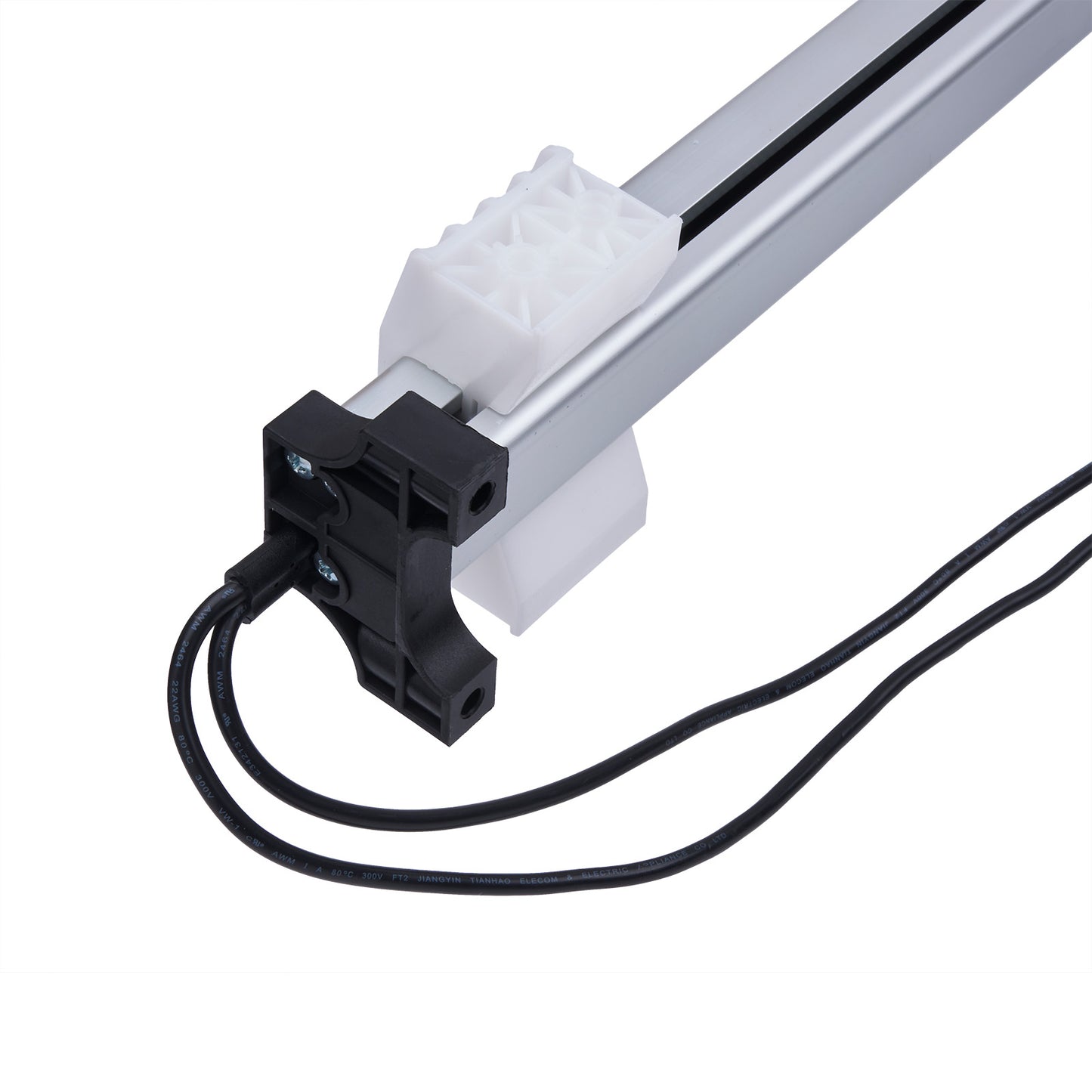 Mechanical component with black cable on a white background