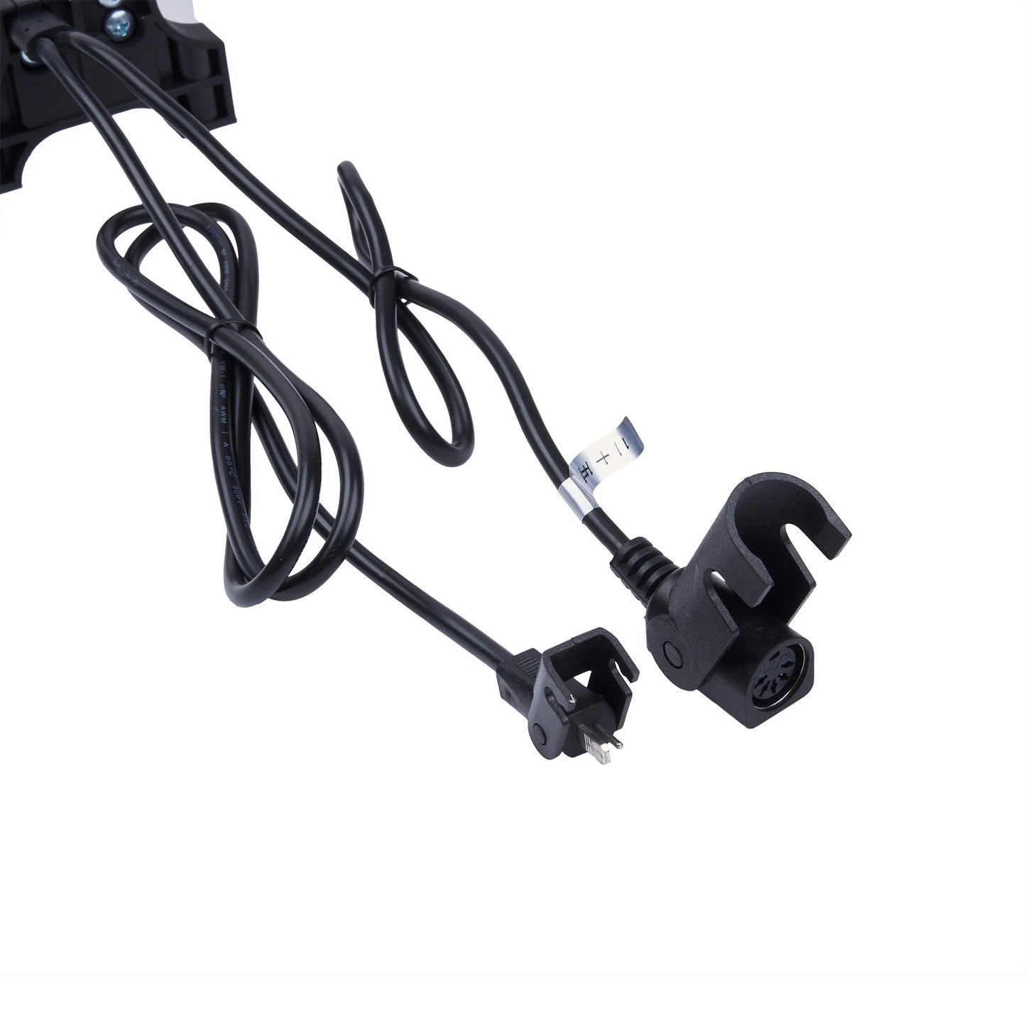 Black power cord with plug on a white background