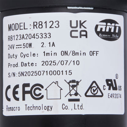 Product label with technical specifications and branding on a black background