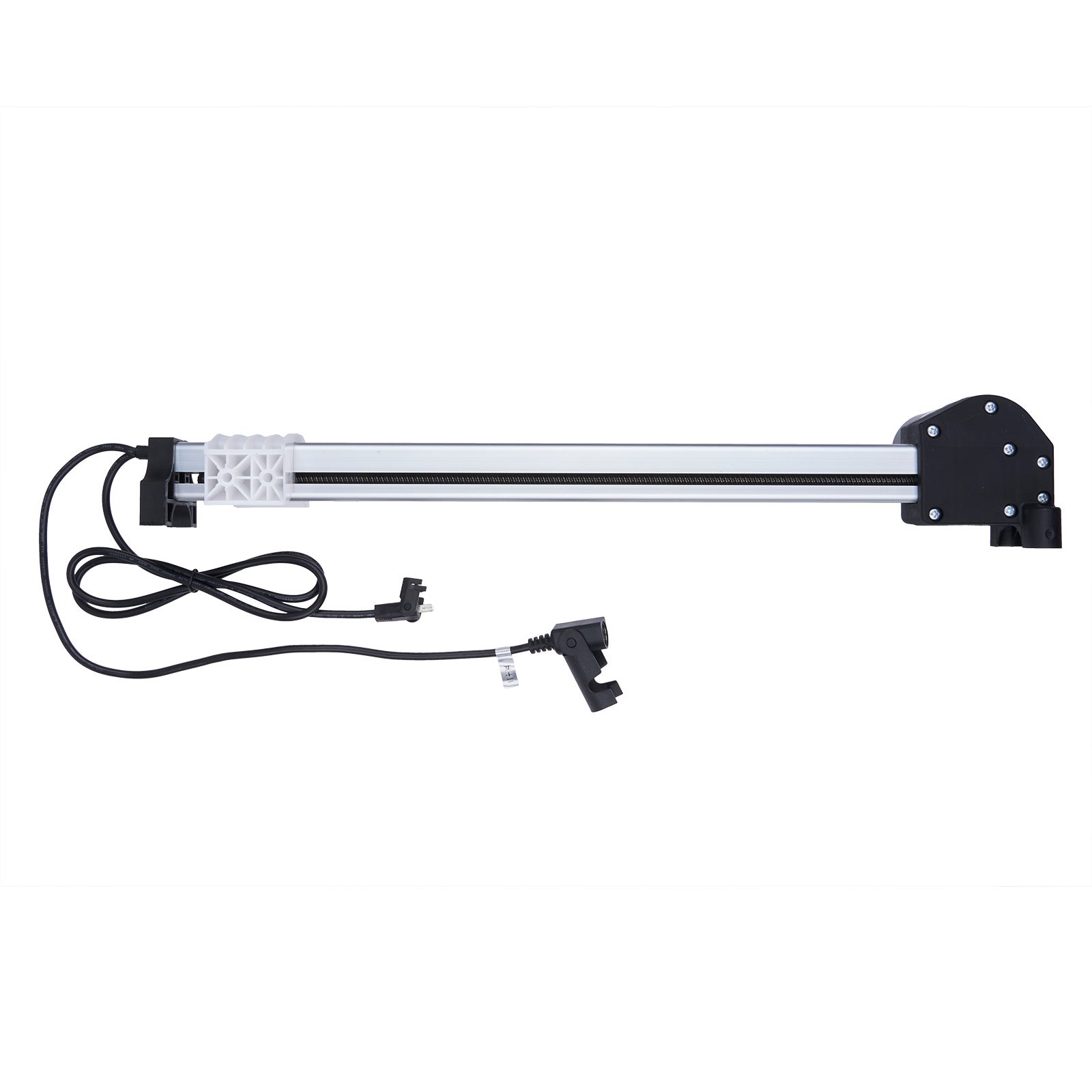 Long rectangular electronic device with a cable on a white background