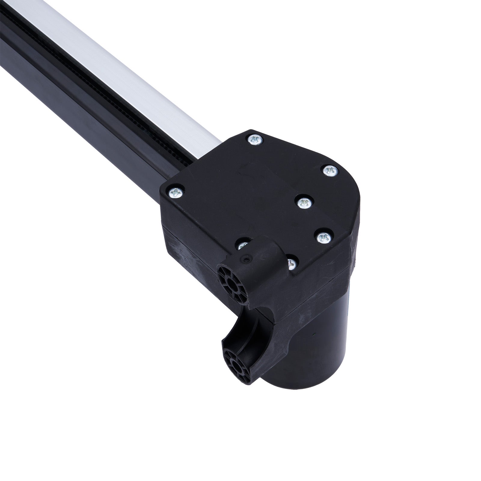 Black metal bracket with cylindrical component on a white background
