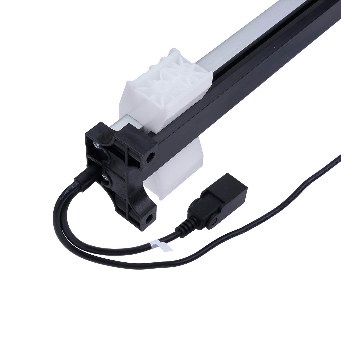 Light fixture with black cable and white connector on a white background