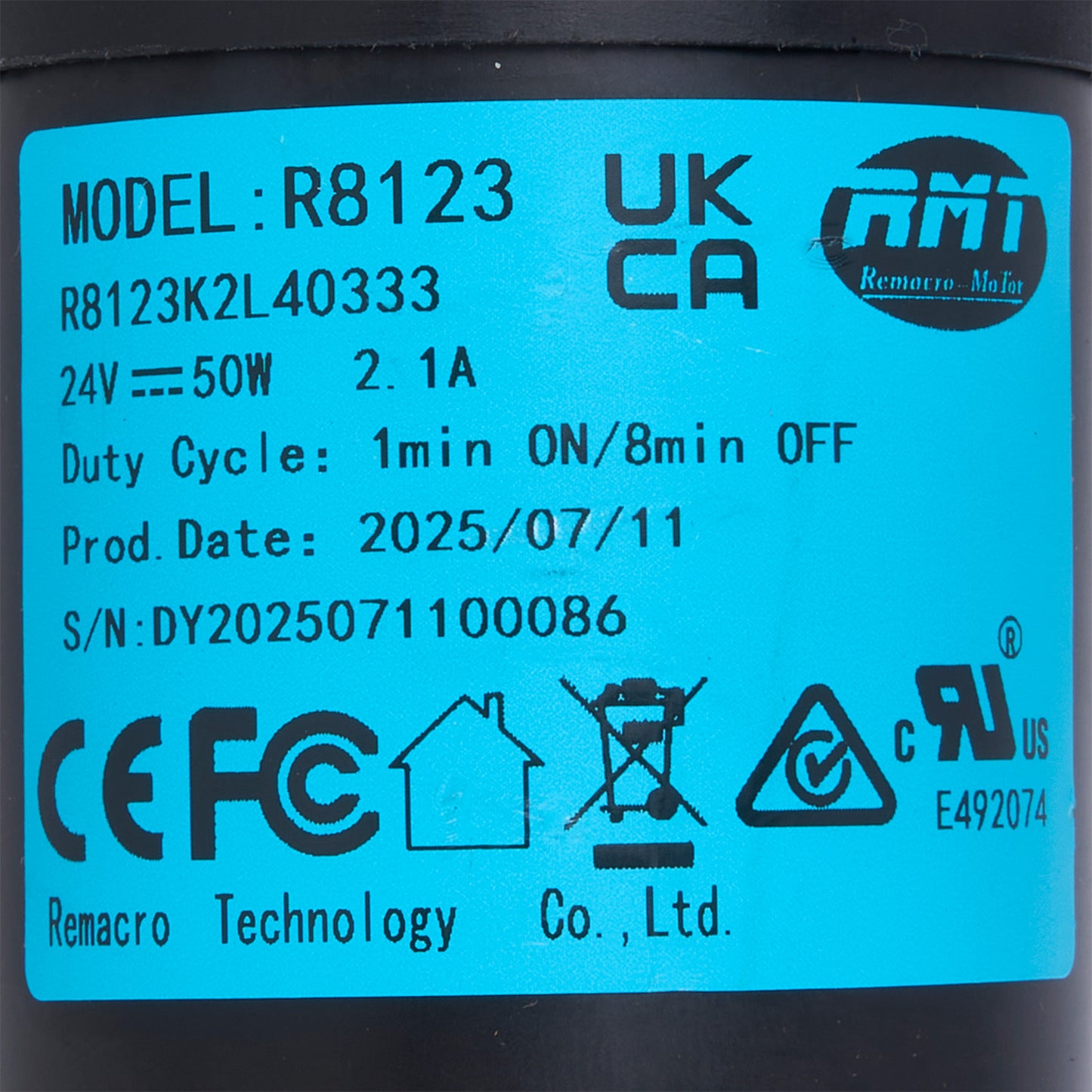 Technical label with product details on a blue background