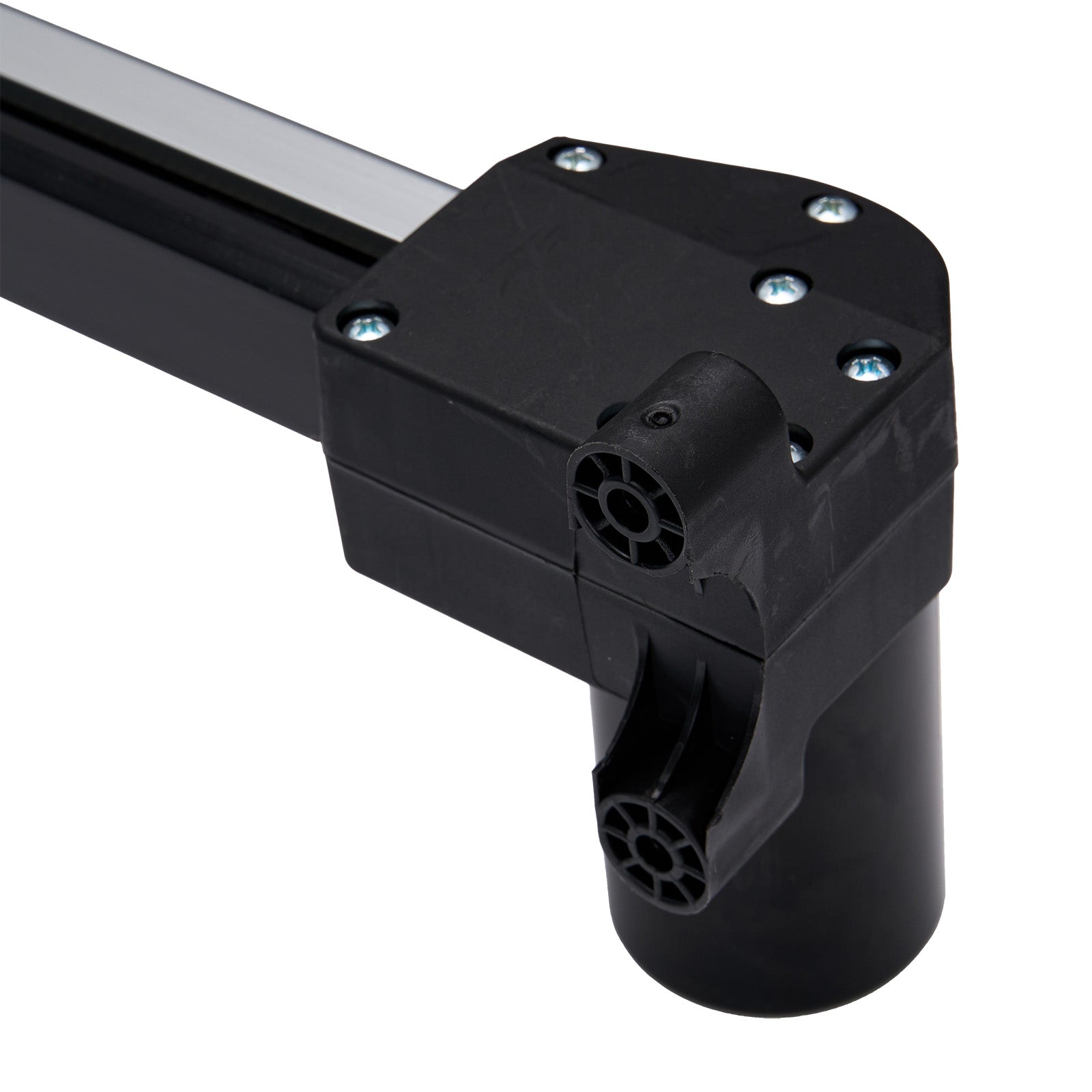 Black metal component with connectors on a white background