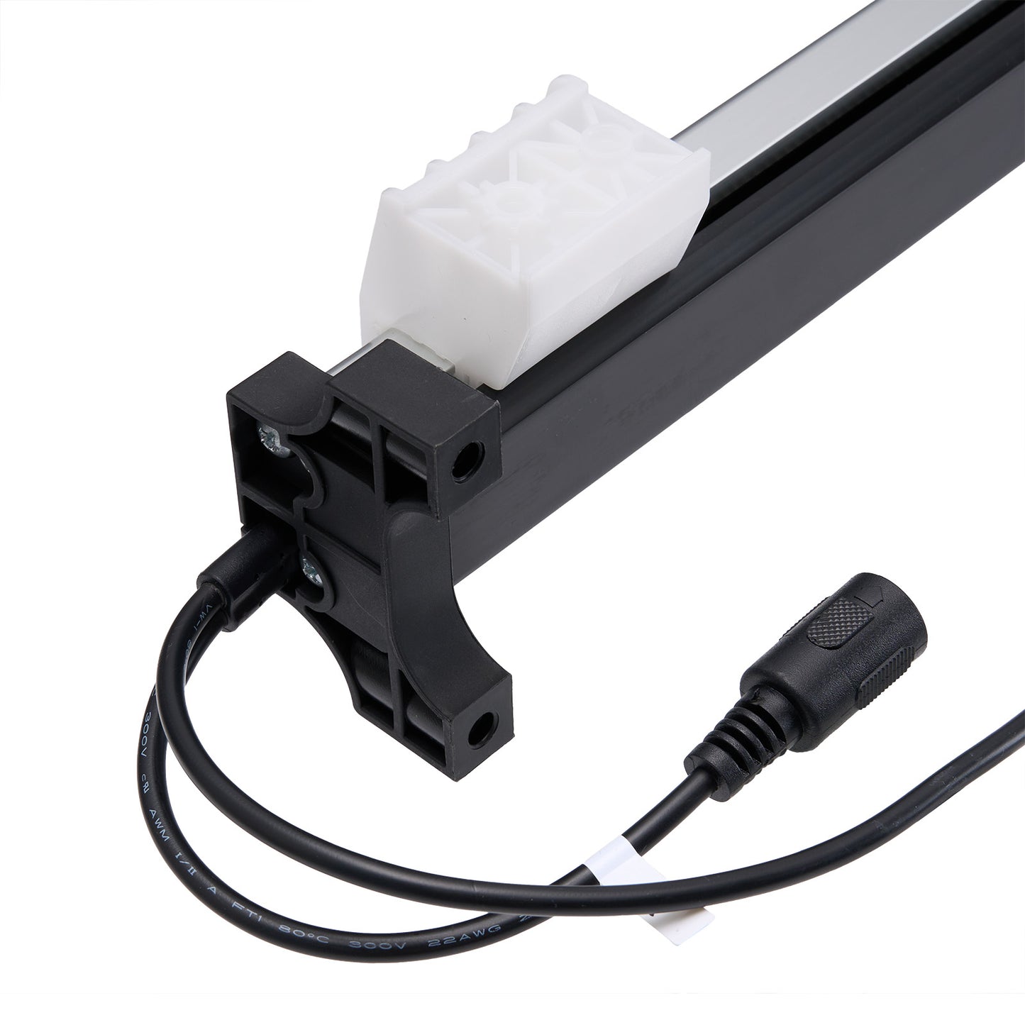 Black electrical cable with connector on a white background