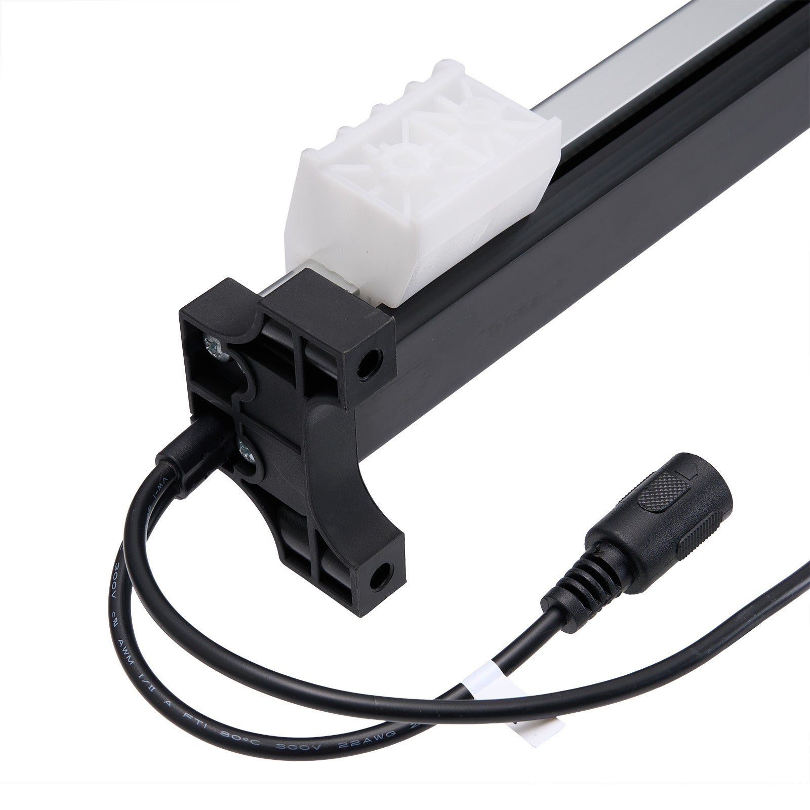 Black electrical cable with connector on a white background