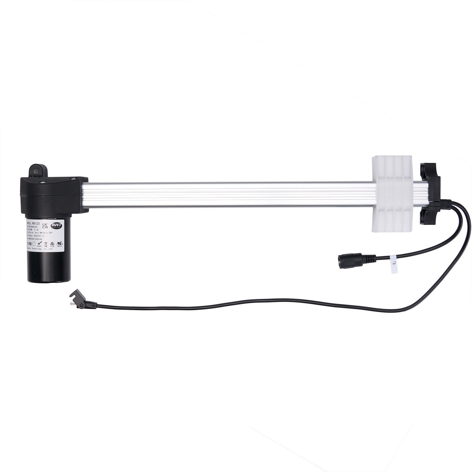 A black RMT R8123K2S40333 linear actuator for recliner or lift chair, showing the actuator body, attached cables, and plugs.