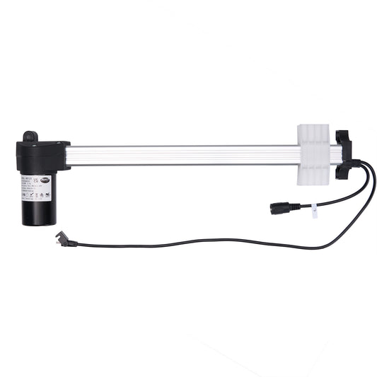 A black RMT R8123K2S40333 linear actuator for recliner or lift chair, showing the actuator body, attached cables, and plugs.