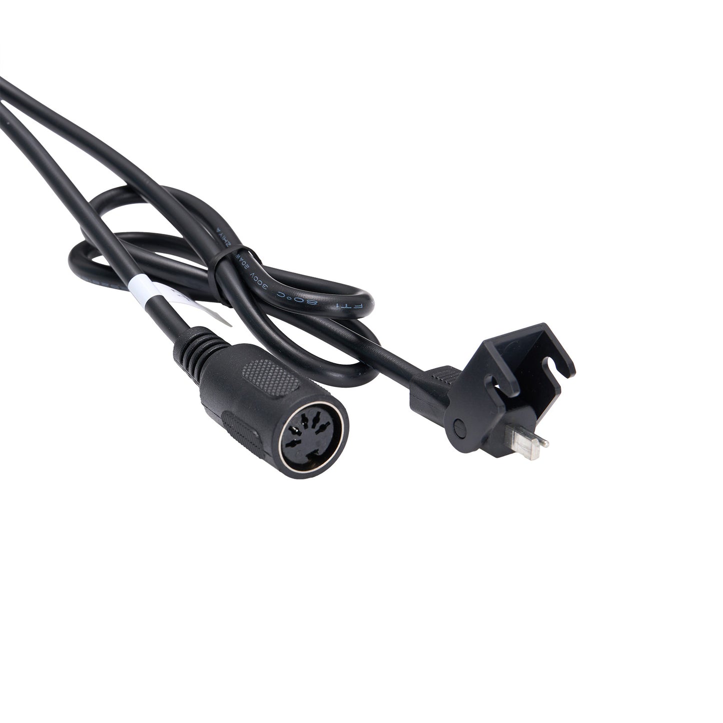 Black power cable with plug on white background