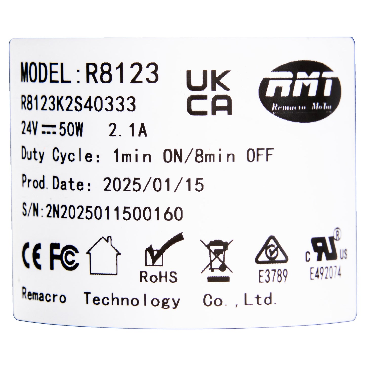 Product label with specifications and logos on a white background