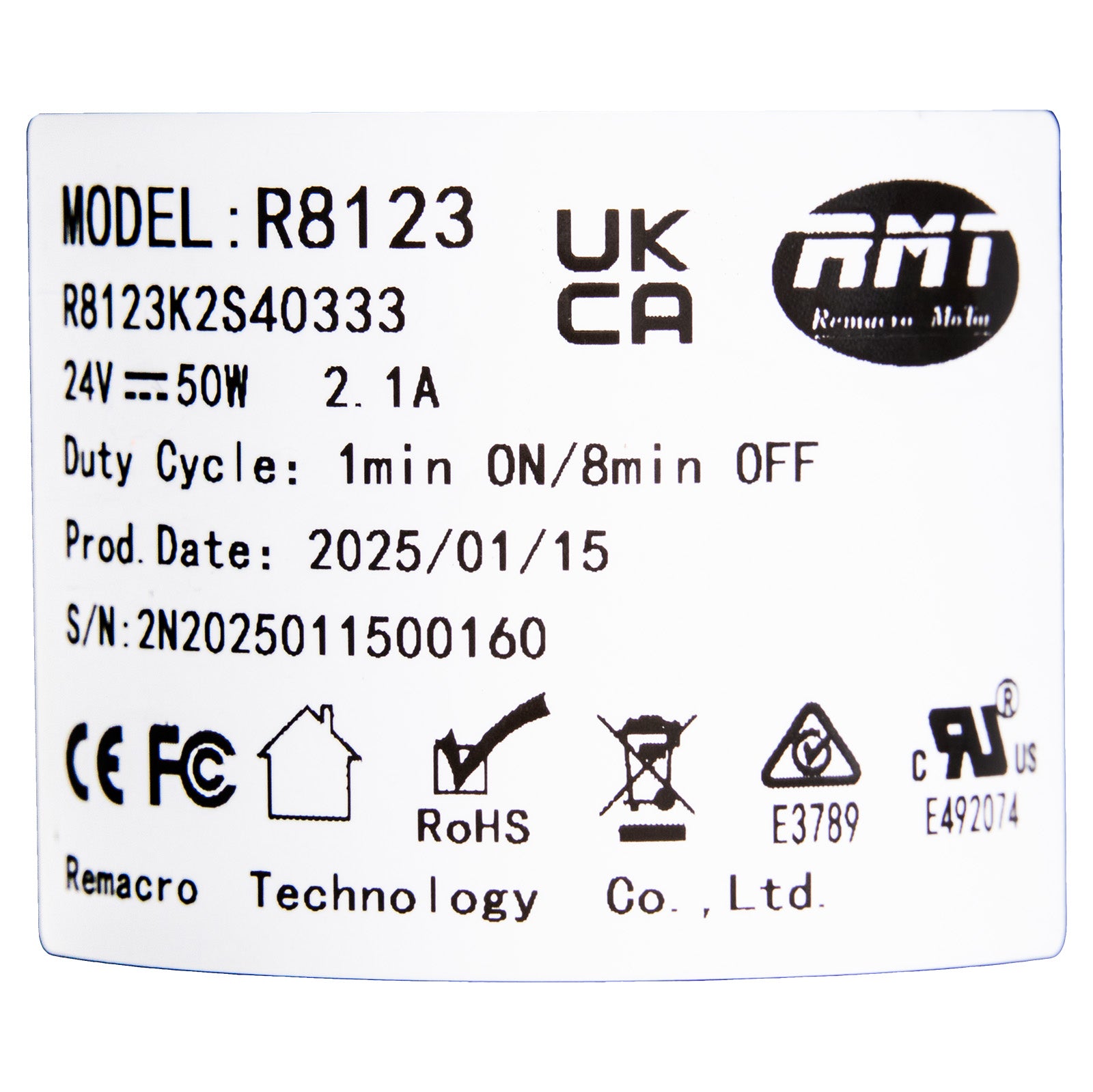 Product label with specifications and logos on a white background