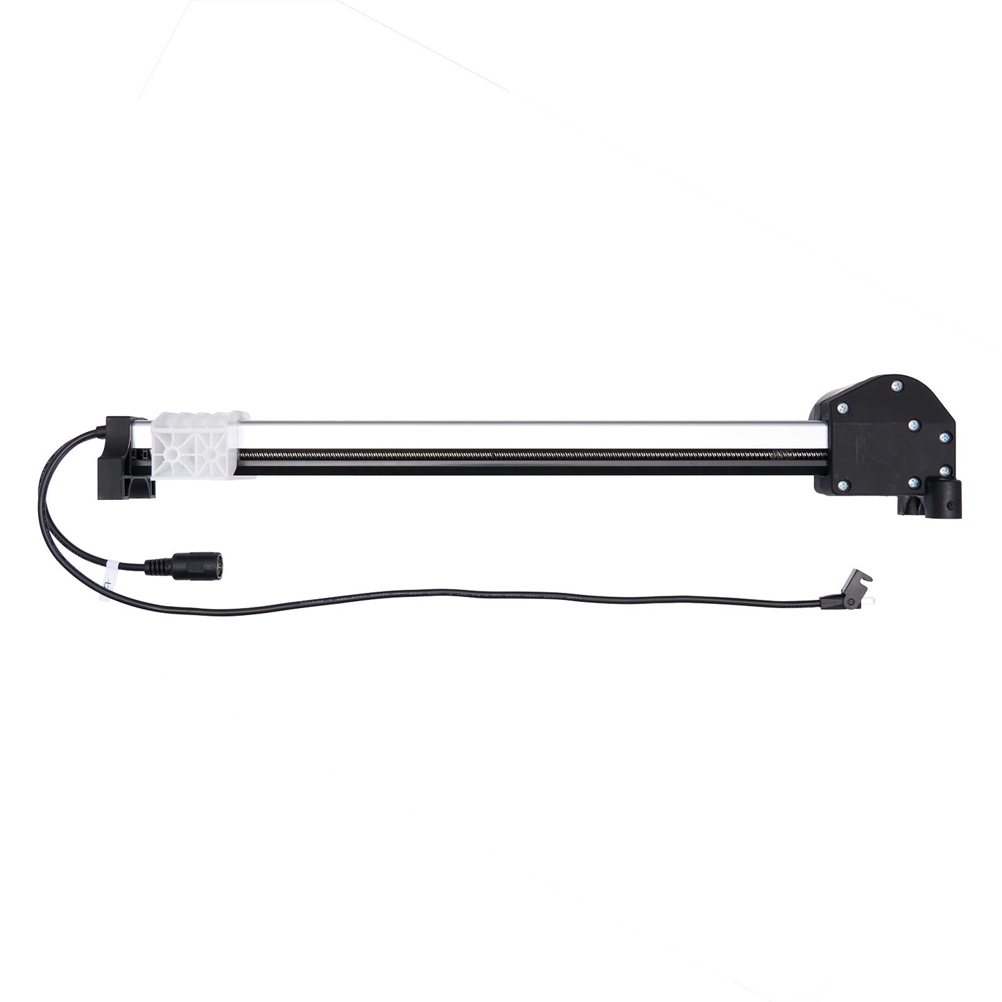 Mechanical component with a black cable on a white background